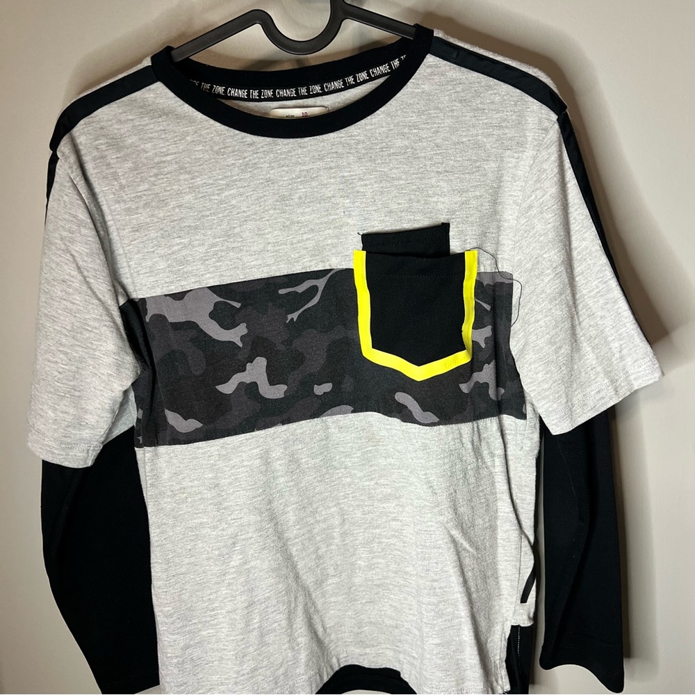 Zara Gray & Black Layered Long Sleeve Tee with Neon Yellow Pocket Trim